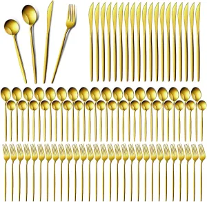 Yaomiao 200 Pcs Gold Silverware with Knives Spoons and Forks Portable Stainless Steel Flatware Reusable Utensils Dishwasher Safe Cutlery for Kitchen Restaurant Service