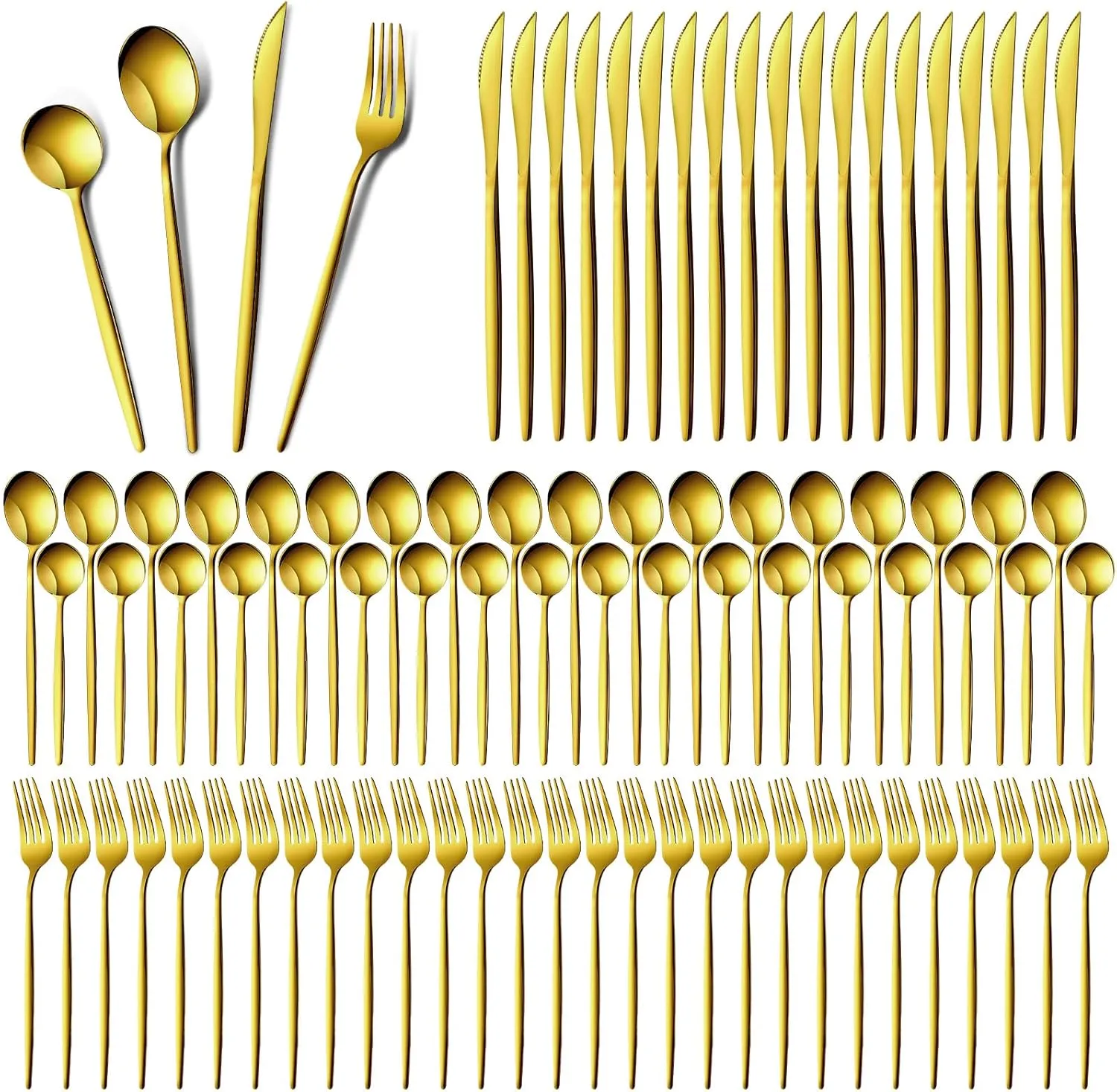 Yaomiao 200 Pcs Gold Silverware with Knives Spoons and Forks Portable Stainless Steel Flatware Reusable Utensils Dishwasher Safe Cutlery for Kitchen Restaurant Service