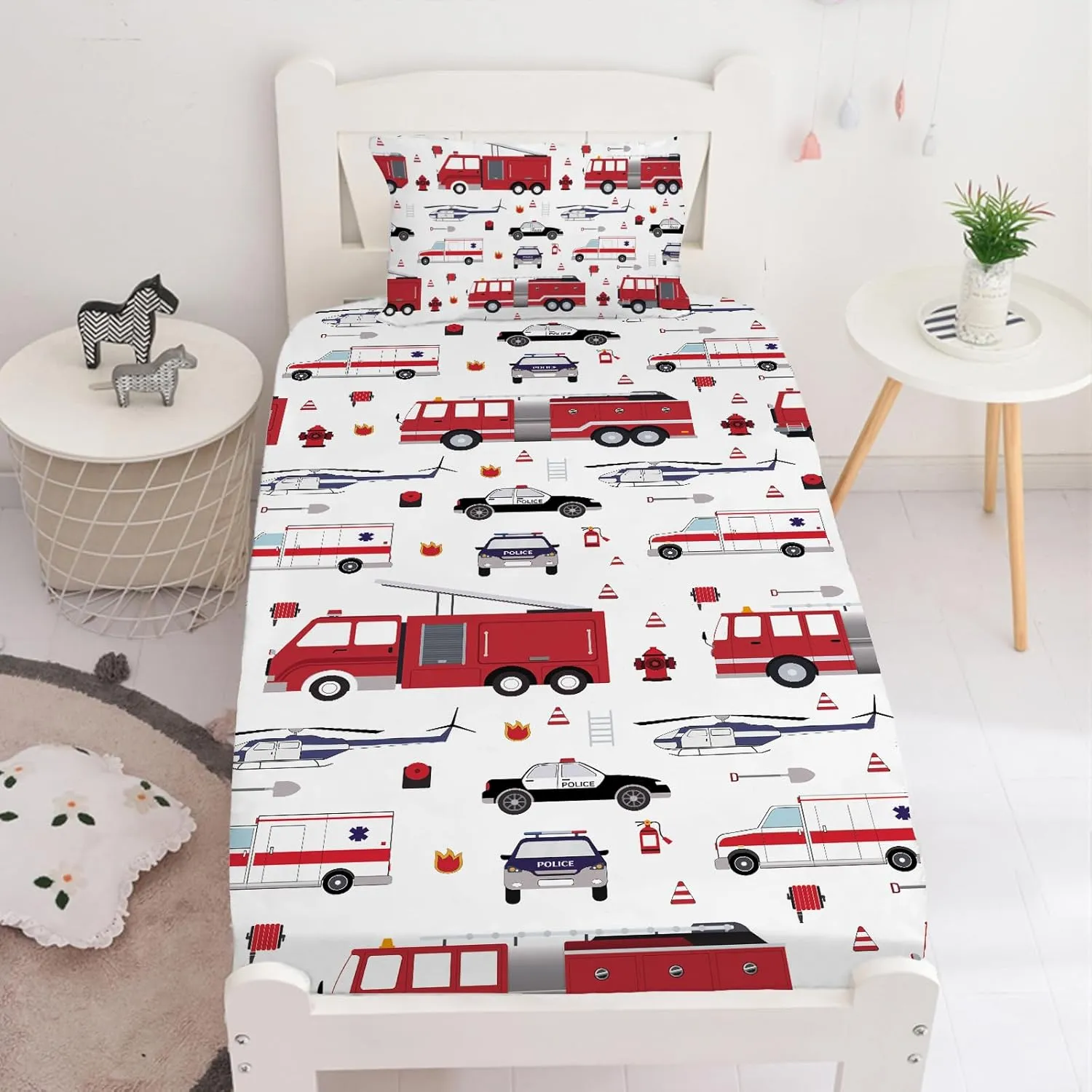 Yasida Twin Size Sheets Fire Truck Bedding for Kids, Police Car Firemen Car Vehicle Helicopter Fitted Sheets for Boys and Girls Twin Size 2 Pack Bed 1*Fitted Sheet and 1*Pillowcases Set