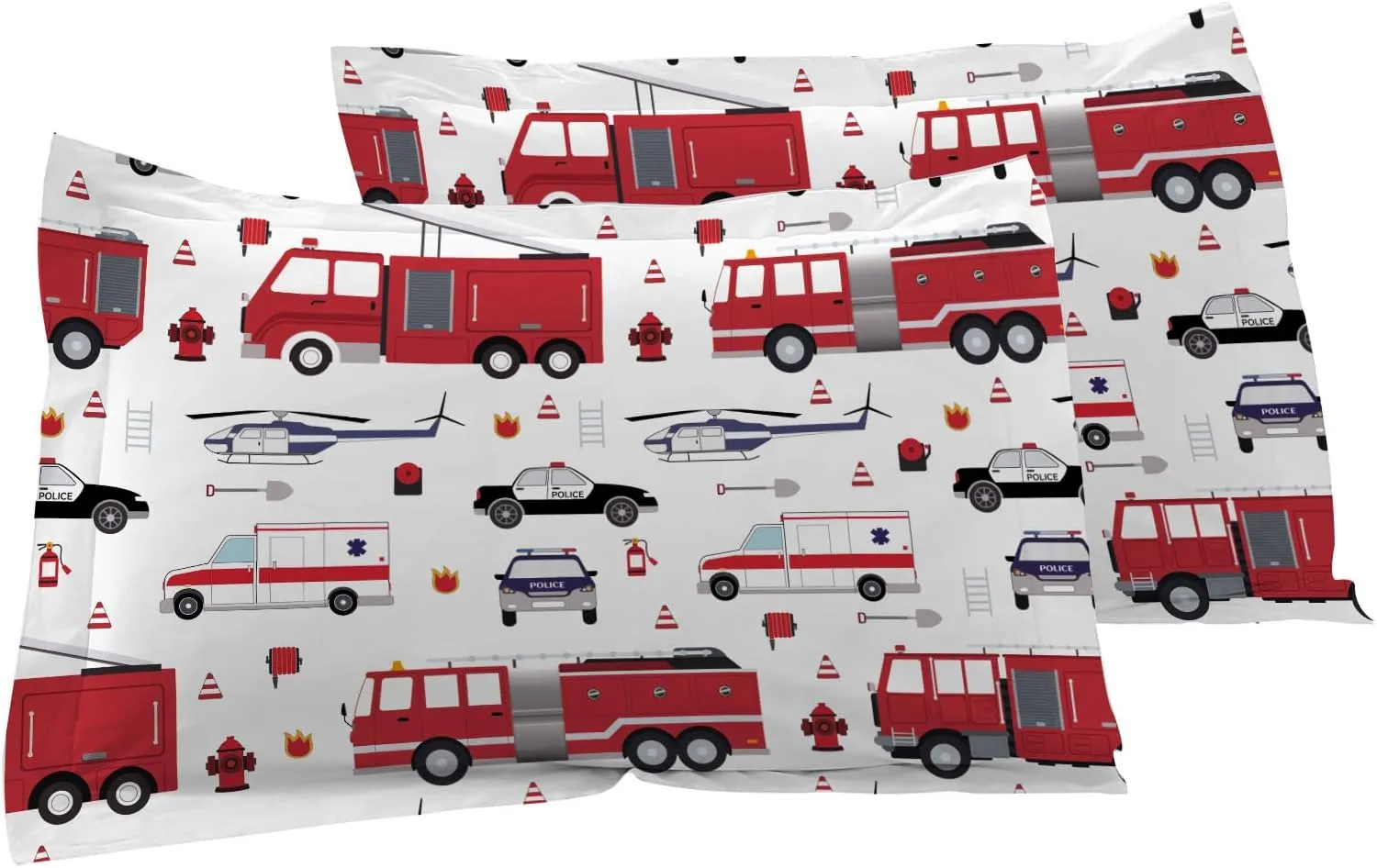 Yasida Twin Size Sheets Fire Truck Bedding for Kids, Police Car Firemen Car Vehicle Helicopter Fitted Sheets for Boys and Girls Twin Size 2 Pack Bed 1*Fitted Sheet and 1*Pillowcases Set
