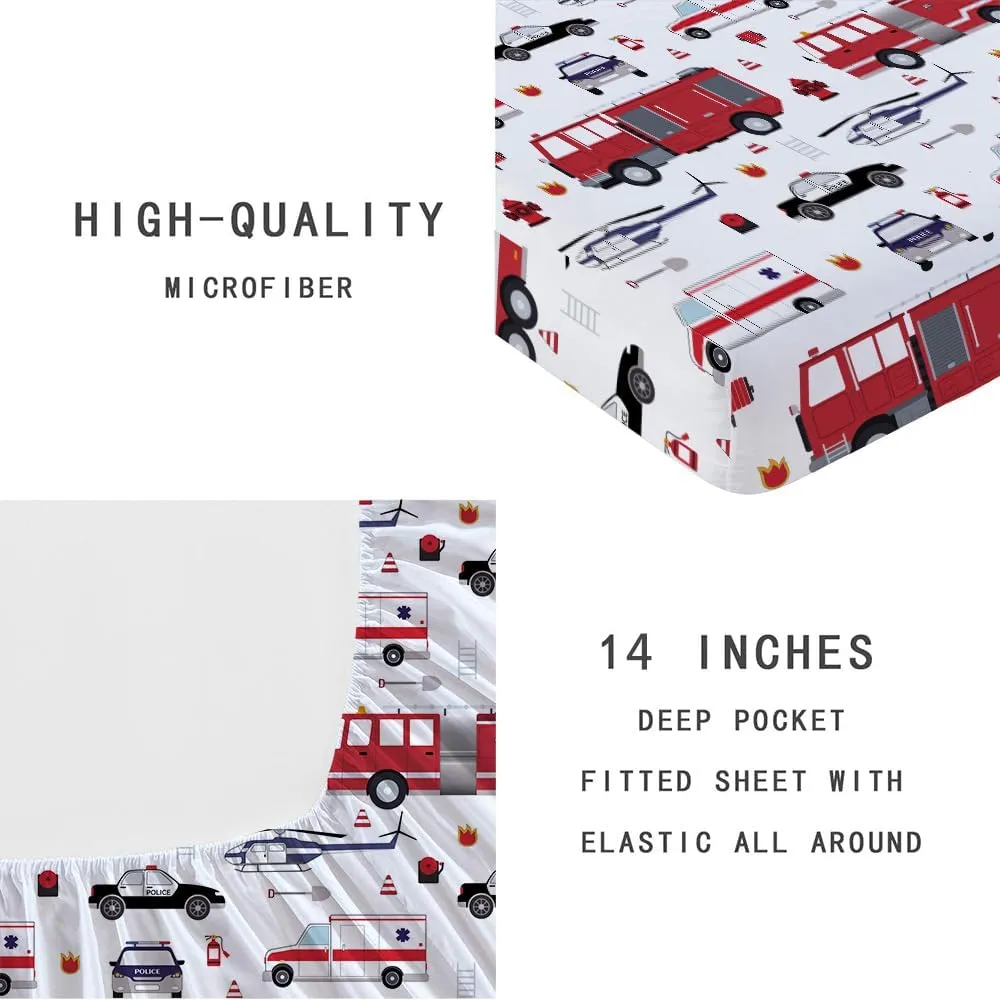 Yasida Twin Size Sheets Fire Truck Bedding for Kids, Police Car Firemen Car Vehicle Helicopter Fitted Sheets for Boys and Girls Twin Size 2 Pack Bed 1*Fitted Sheet and 1*Pillowcases Set
