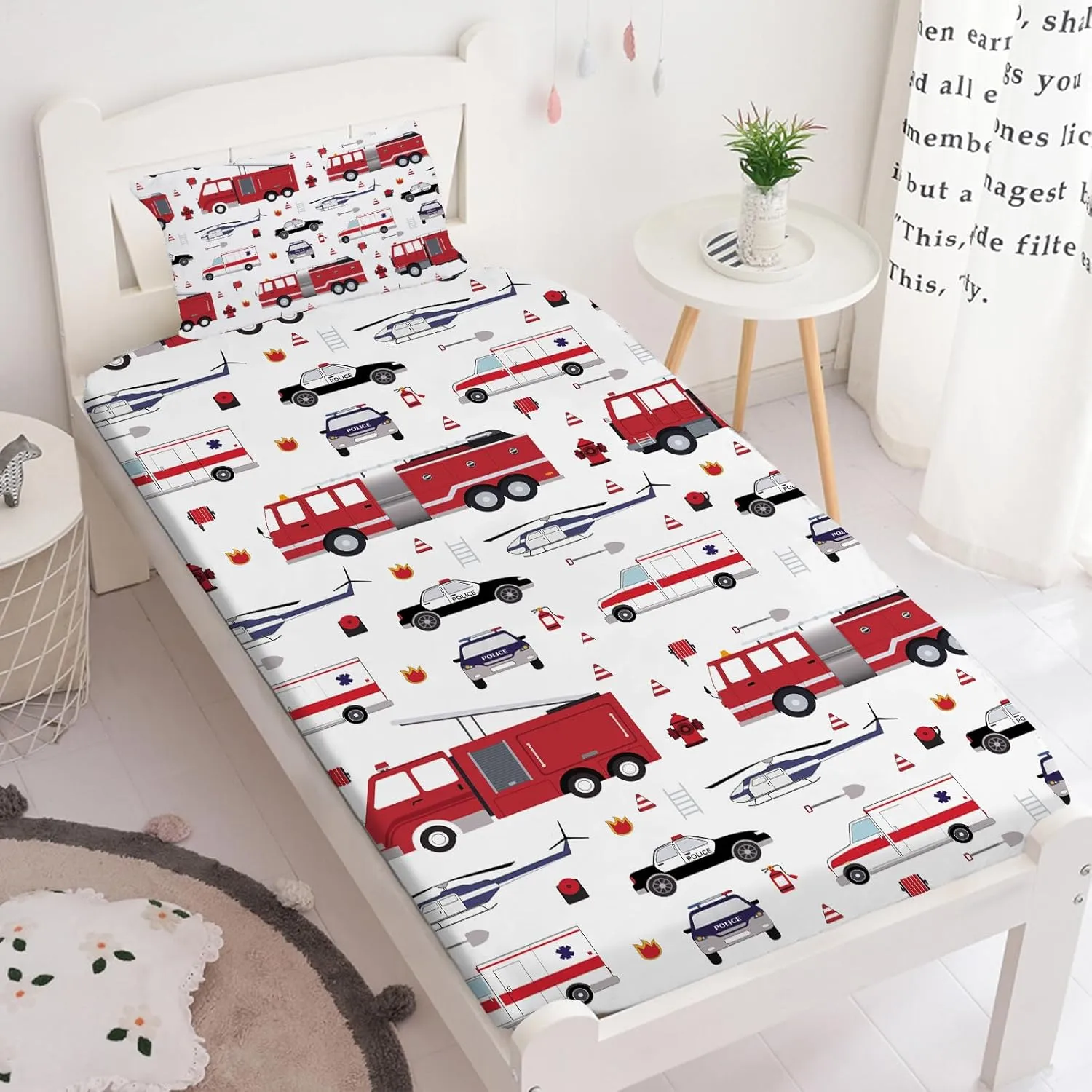 Yasida Twin Size Sheets Fire Truck Bedding for Kids, Police Car Firemen Car Vehicle Helicopter Fitted Sheets for Boys and Girls Twin Size 2 Pack Bed 1*Fitted Sheet and 1*Pillowcases Set
