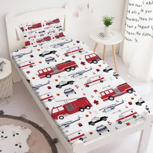 Yasida Twin Size Sheets Fire Truck Bedding for Kids, Police Car Firemen Car Vehicle Helicopter Fitted Sheets for Boys and Girls Twin Size 2 Pack Bed 1*Fitted Sheet and 1*Pillowcases Set