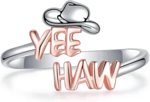 Yee Haw Western Rings for Women - 925 Sterling Silver Howdy Country Southern Hippie Boho Cowgirl Hat Rodeo Wrap Around Adjustable Rings