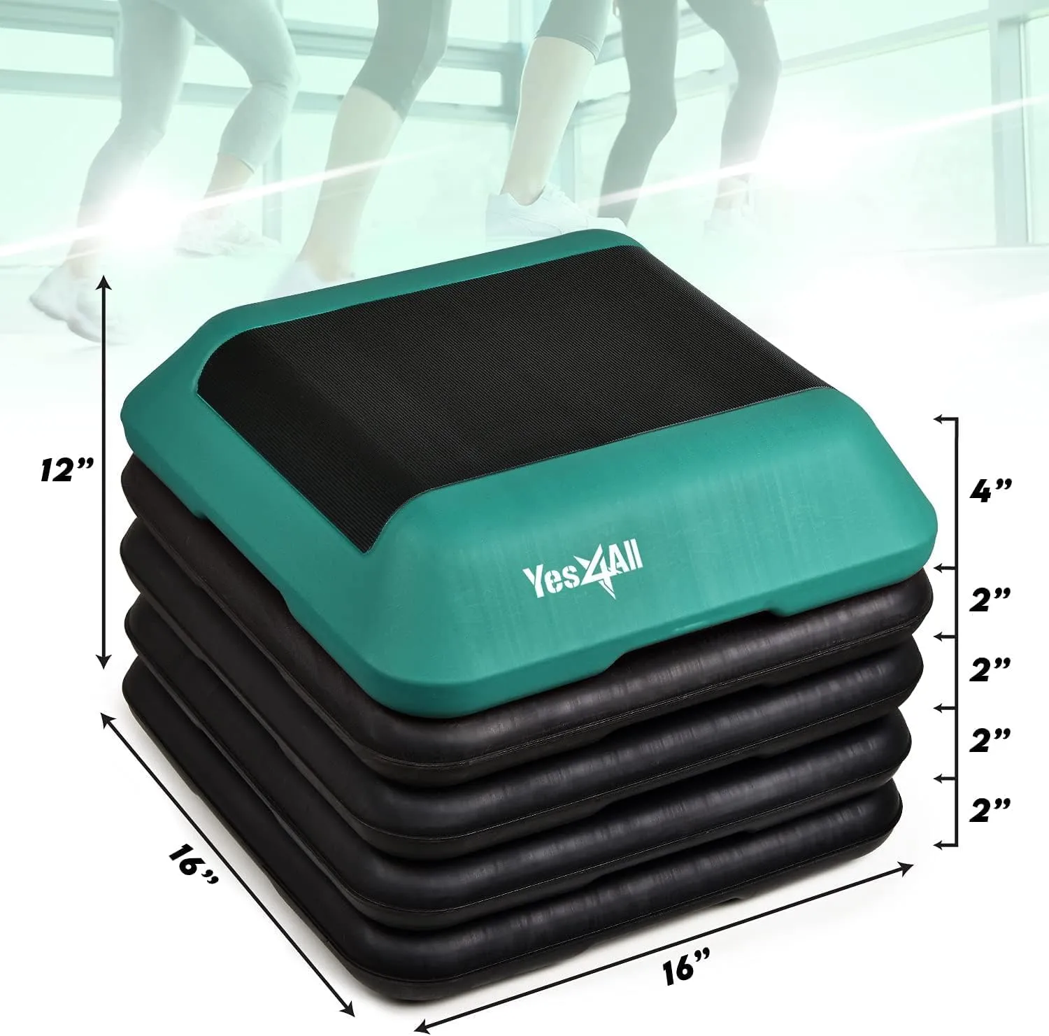 Yes4All 16"x16" Adjustable High Step Aerobic Platform with 4 Risers, Height-Adjustable 4"-6''-8''-10''-12" Step Aerobics Platform for Home Gym Exercise Fitness Workout