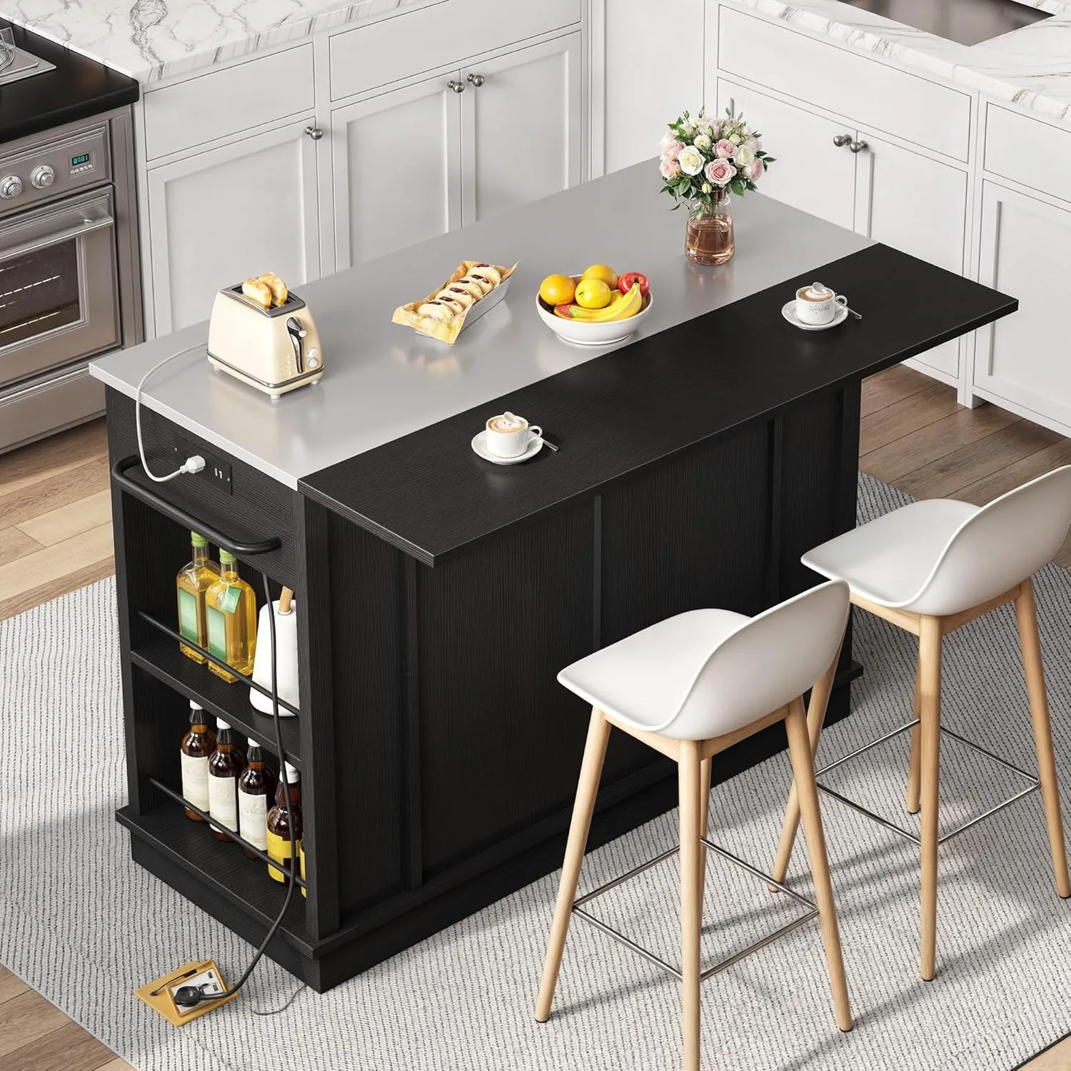 YITAHOME Kitchen Island with Drop Leaf, 47 Inch Mobile Stroage Islands with Stainless Steel Top, Rolling Island Table with Power Outlet, Adjustable Shelves, Spice Rack, Towel Rack for Kitchen, Black