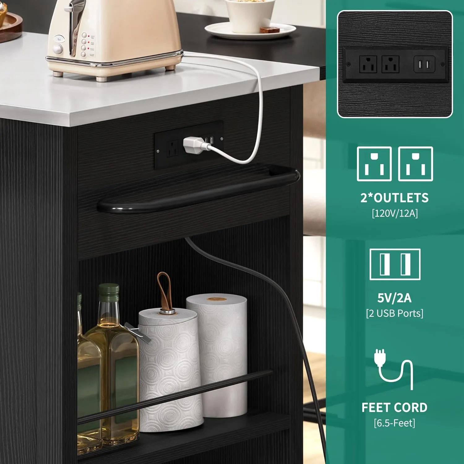 YITAHOME Kitchen Island with Drop Leaf, 47 Inch Mobile Stroage Islands with Stainless Steel Top, Rolling Island Table with Power Outlet, Adjustable Shelves, Spice Rack, Towel Rack for Kitchen, Black