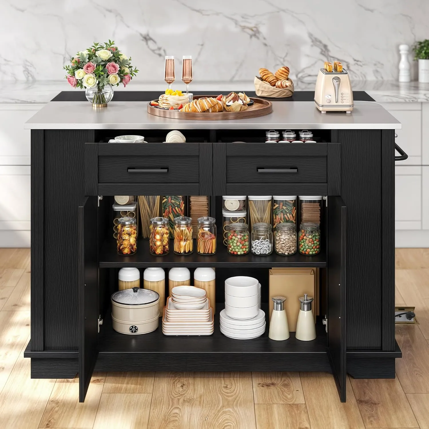 YITAHOME Kitchen Island with Drop Leaf, 47 Inch Mobile Stroage Islands with Stainless Steel Top, Rolling Island Table with Power Outlet, Adjustable Shelves, Spice Rack, Towel Rack for Kitchen, Black