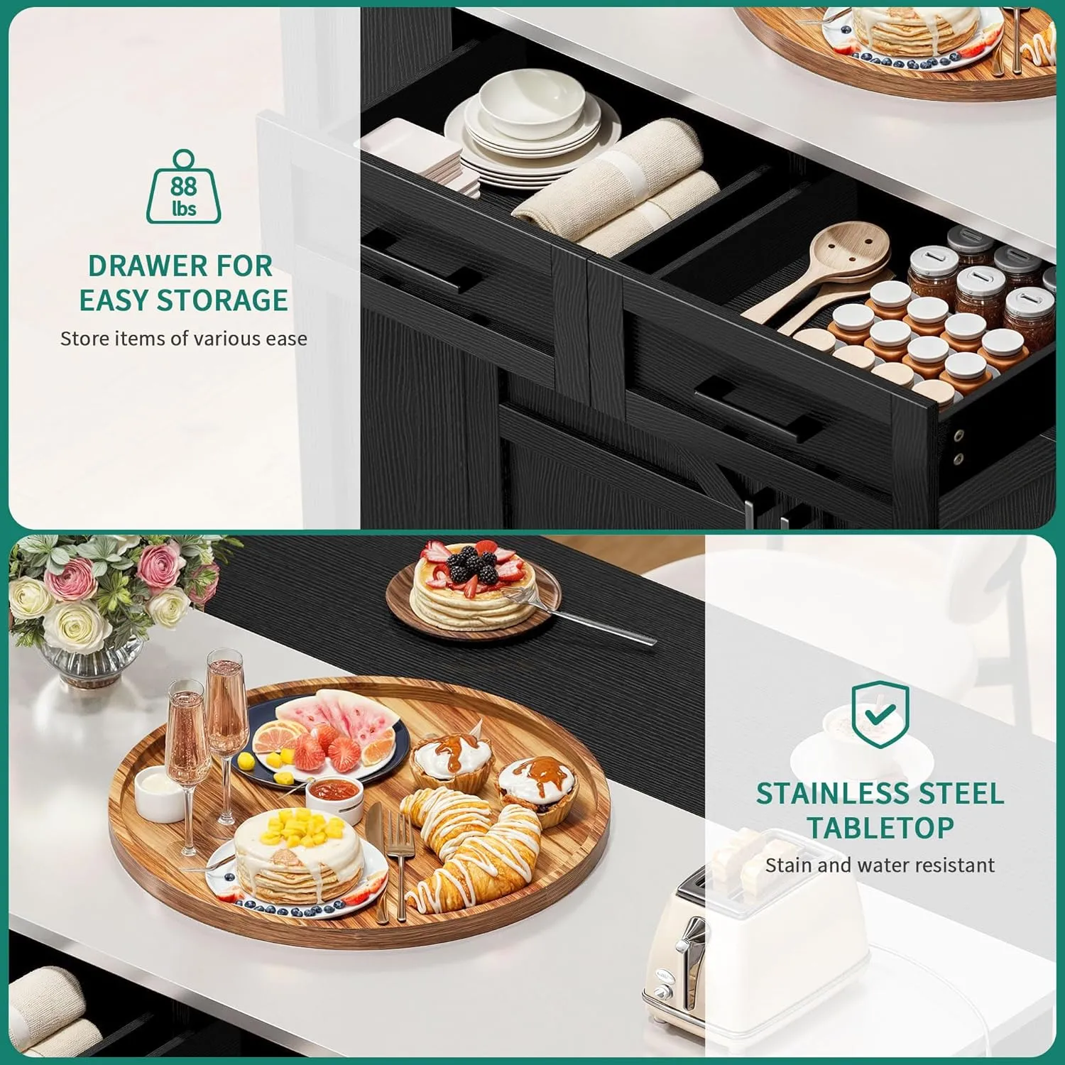 YITAHOME Kitchen Island with Drop Leaf, 47 Inch Mobile Stroage Islands with Stainless Steel Top, Rolling Island Table with Power Outlet, Adjustable Shelves, Spice Rack, Towel Rack for Kitchen, Black