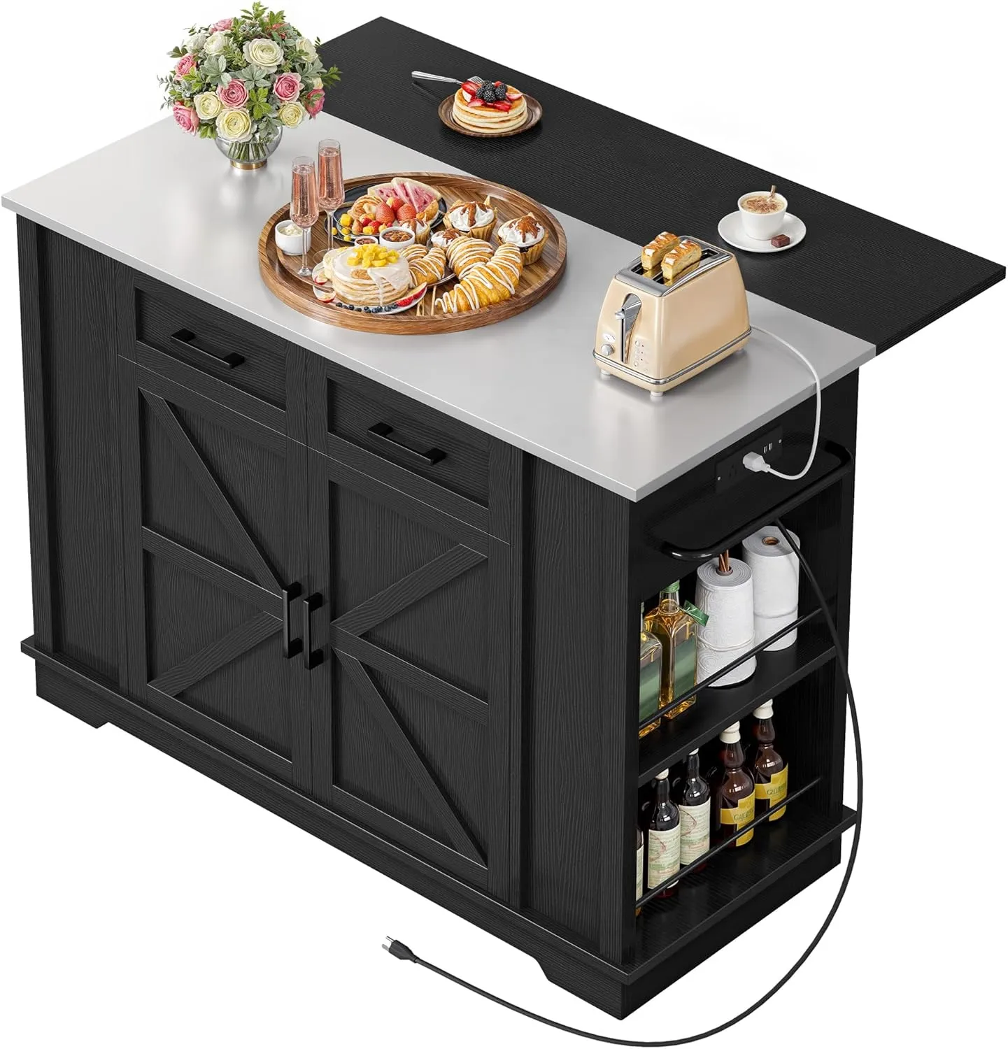 YITAHOME Kitchen Island with Drop Leaf, 47 Inch Mobile Stroage Islands with Stainless Steel Top, Rolling Island Table with Power Outlet, Adjustable Shelves, Spice Rack, Towel Rack for Kitchen, Black