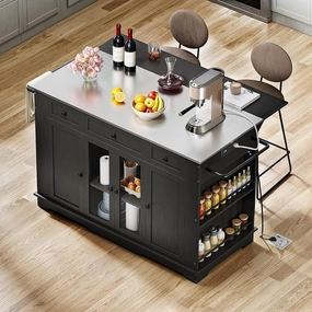 YITAHOME 60 Inch Kitchen Island with Drop Leaf, Mobile Stroage Islands with Stainless Steel Top, Rolling Island Table with Power Outlet, Adjustable Shelves, Spice Rack, Towel Rack for Kitchen, Black