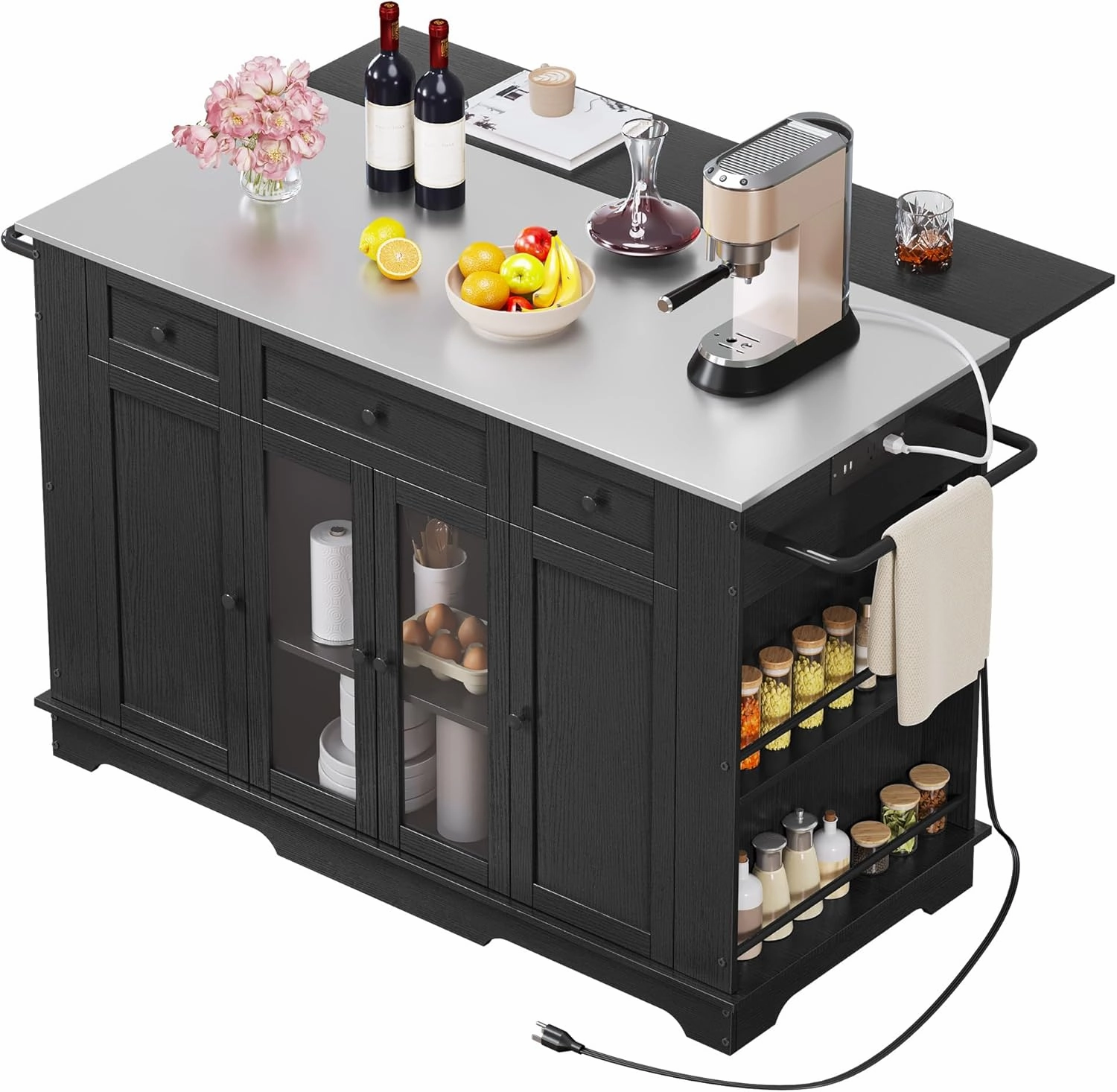 YITAHOME 60 Inch Kitchen Island with Drop Leaf, Mobile Stroage Islands with Stainless Steel Top, Rolling Island Table with Power Outlet, Adjustable Shelves, Spice Rack, Towel Rack for Kitchen, Black