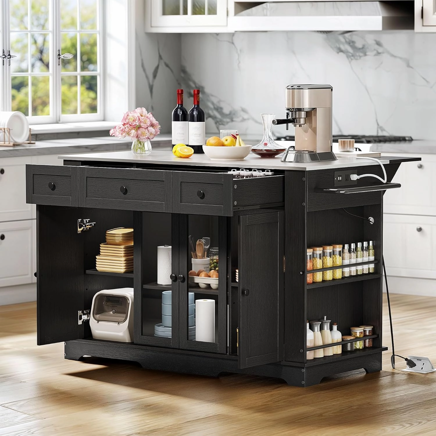 YITAHOME 60 Inch Kitchen Island with Drop Leaf, Mobile Stroage Islands with Stainless Steel Top, Rolling Island Table with Power Outlet, Adjustable Shelves, Spice Rack, Towel Rack for Kitchen, Black