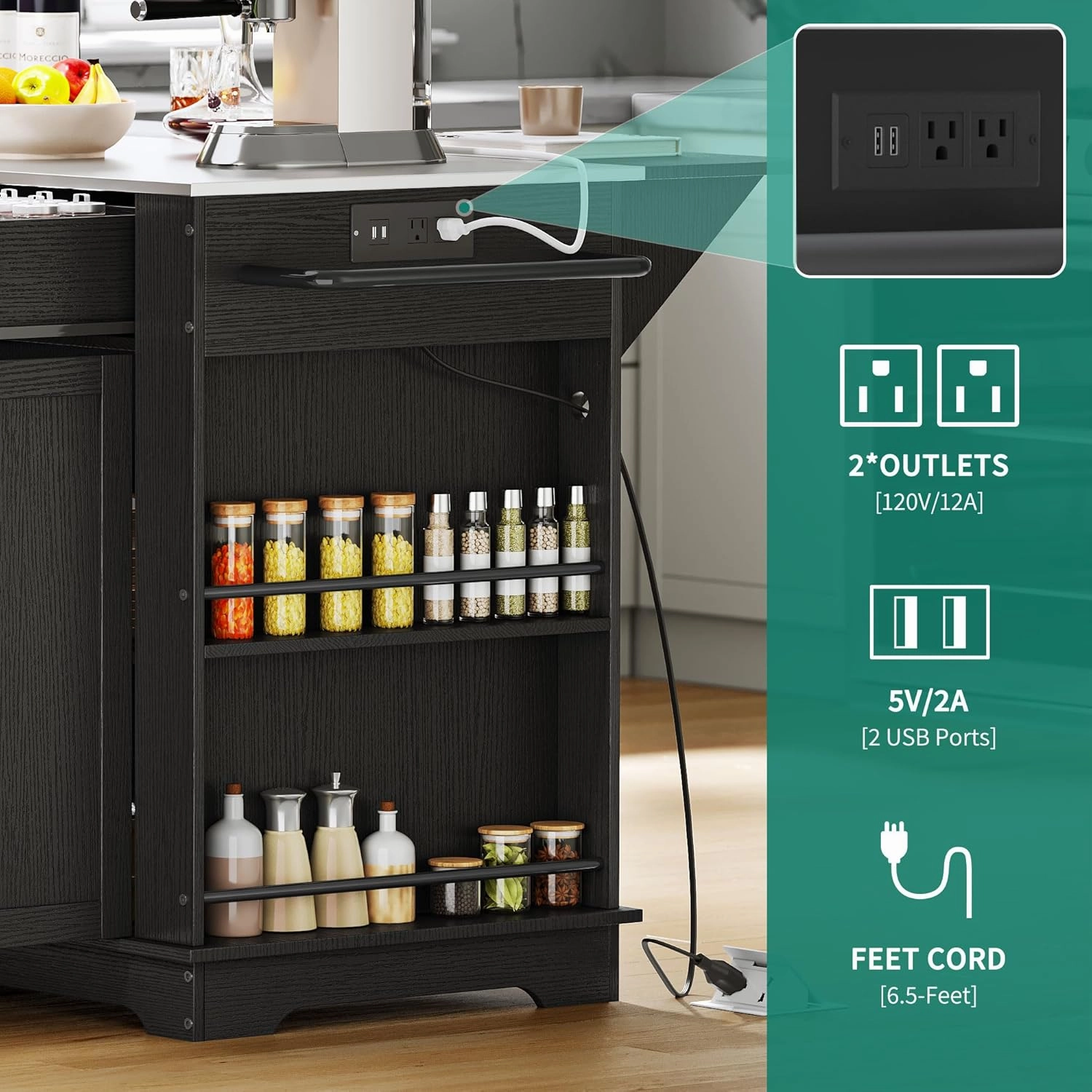 YITAHOME 60 Inch Kitchen Island with Drop Leaf, Mobile Stroage Islands with Stainless Steel Top, Rolling Island Table with Power Outlet, Adjustable Shelves, Spice Rack, Towel Rack for Kitchen, Black
