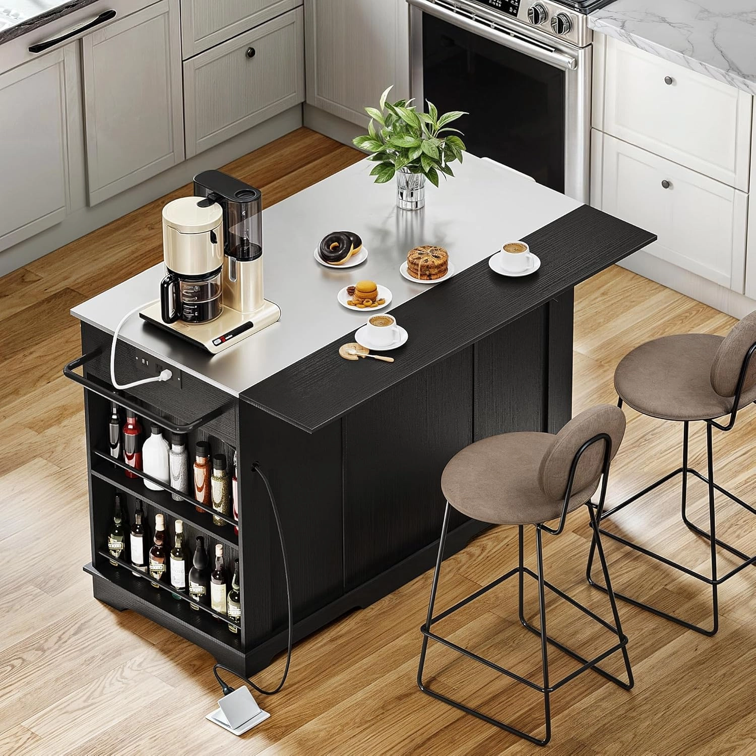 YITAHOME 60 Inch Kitchen Island with Drop Leaf, Mobile Stroage Islands with Stainless Steel Top, Rolling Island Table with Power Outlet, Adjustable Shelves, Spice Rack, Towel Rack for Kitchen, Black