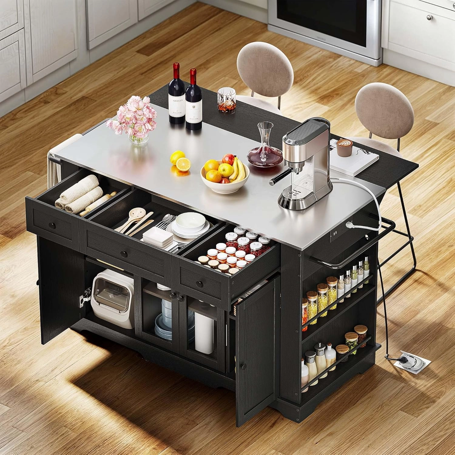 YITAHOME 60 Inch Kitchen Island with Drop Leaf, Mobile Stroage Islands with Stainless Steel Top, Rolling Island Table with Power Outlet, Adjustable Shelves, Spice Rack, Towel Rack for Kitchen, Black
