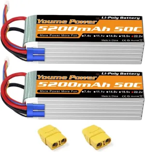 Youme 2Packs 6s RC Lipo,22.2V Lipo Battery 5200mah 50C with EC5 and XT90 Plug for DJI Align T-REX550 600 RC Airplane Helicopter Quadcopter Car Truck Boat Hobby