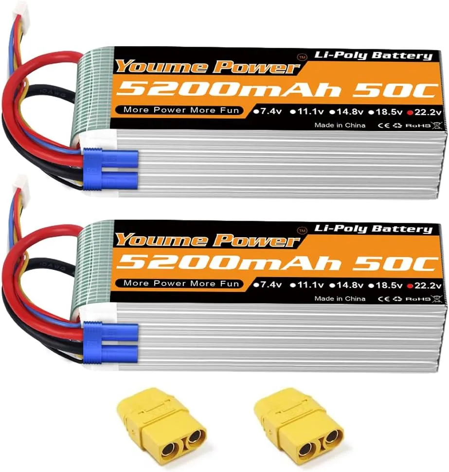Youme 2Packs 6s RC Lipo,22.2V Lipo Battery 5200mah 50C with EC5 and XT90 Plug for DJI Align T-REX550 600 RC Airplane Helicopter Quadcopter Car Truck Boat Hobby