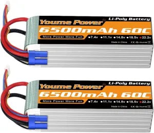Youme 6S Lipo Battery EC5, 2Packs 22.2V RC LiPo Battery 6500mAh 60C with EC5 Plug for RC DJI E-Flite Airplane Quadcopter Helicopter Align 7.2 700L Yak 54 T-REX