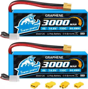 Yowoo 2 Packs 4S Lipo Battery 3000mAh 150C 14.8V Soft Case Graphene Battery with XT60 Plug for E-flite EDF RC Airplane Helicopter RC Boat UAV Drone FPV RC Car Truck Boat (EC3 / T/TR/Tamiya)