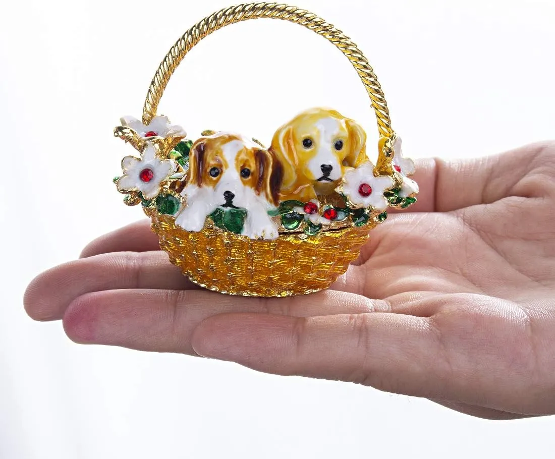 YU FENG Puppy Flower Basket Trinket Boxes Hinged Rhinestones Jeweled Painted Enameled Collectible Dog Animal Figurine Jewelry Holder Box