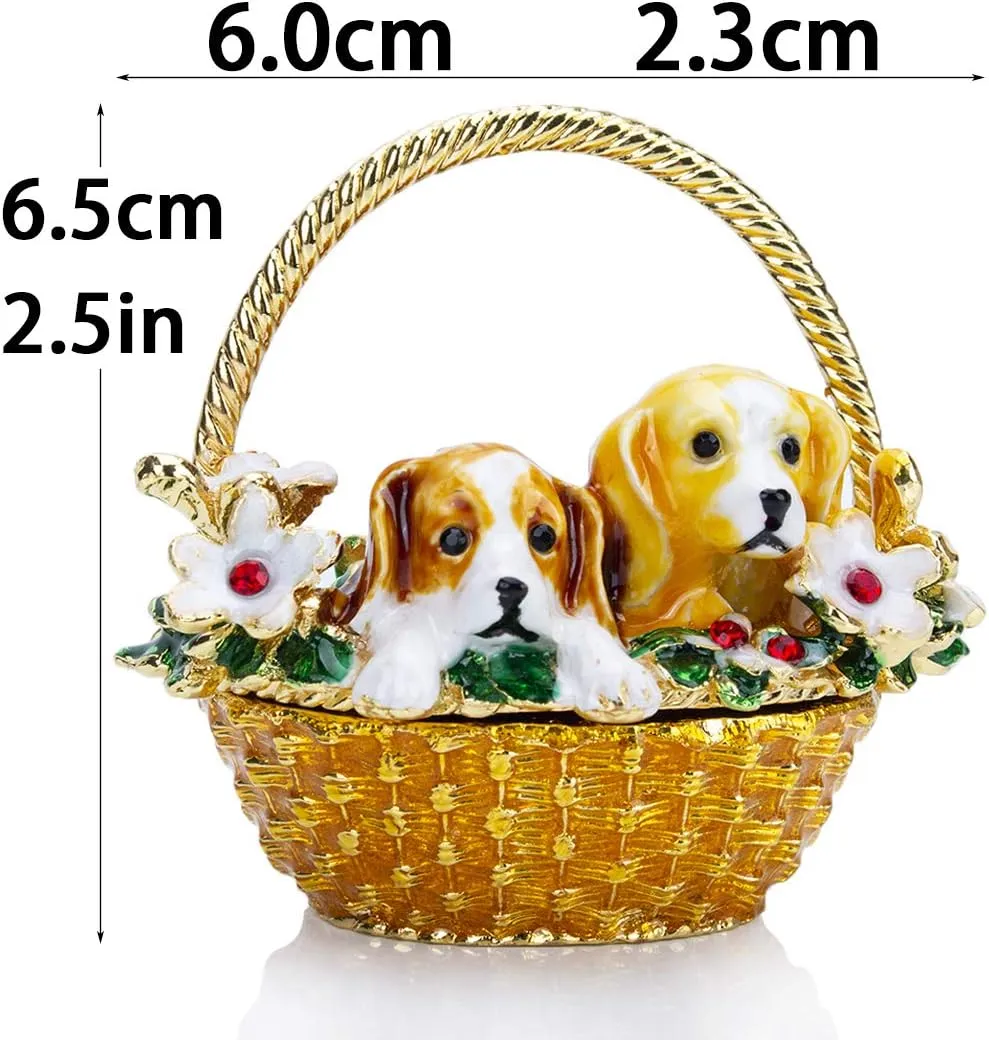 YU FENG Puppy Flower Basket Trinket Boxes Hinged Rhinestones Jeweled Painted Enameled Collectible Dog Animal Figurine Jewelry Holder Box