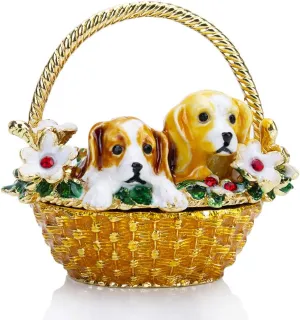 YU FENG Puppy Flower Basket Trinket Boxes Hinged Rhinestones Jeweled Painted Enameled Collectible Dog Animal Figurine Jewelry Holder Box