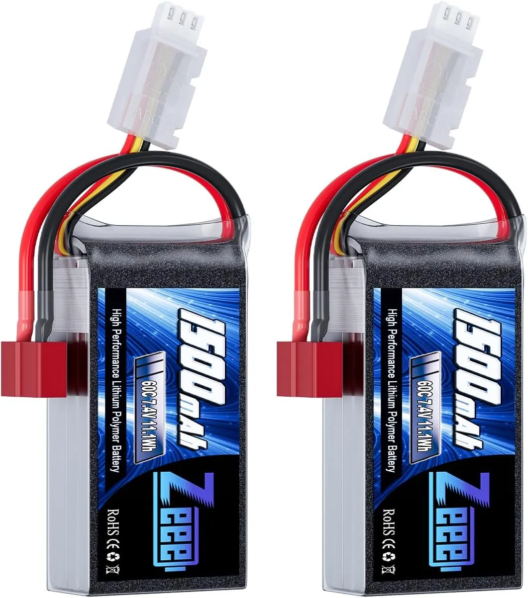 Zeee 2S 1500mAh Lipo Battery 7.4V 60C Soft Pack RC Battery with T Plug for FPV Drone Quadcopter Helicopter Airplane RC Boat RC Car RC Models(2 Pack)