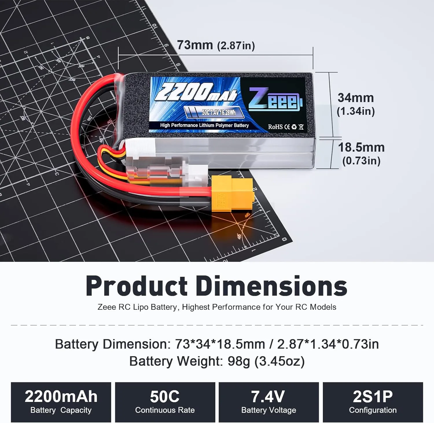 Zeee 2S 2200mAh Shorty Lipo Battery 7.4V 50C RC Battery with XT60 Connector Soft Pack for 1/16 Slash RC Car RC Truck RC Helicopter Airplane Quadcopter Drone RC Boat Racing Models