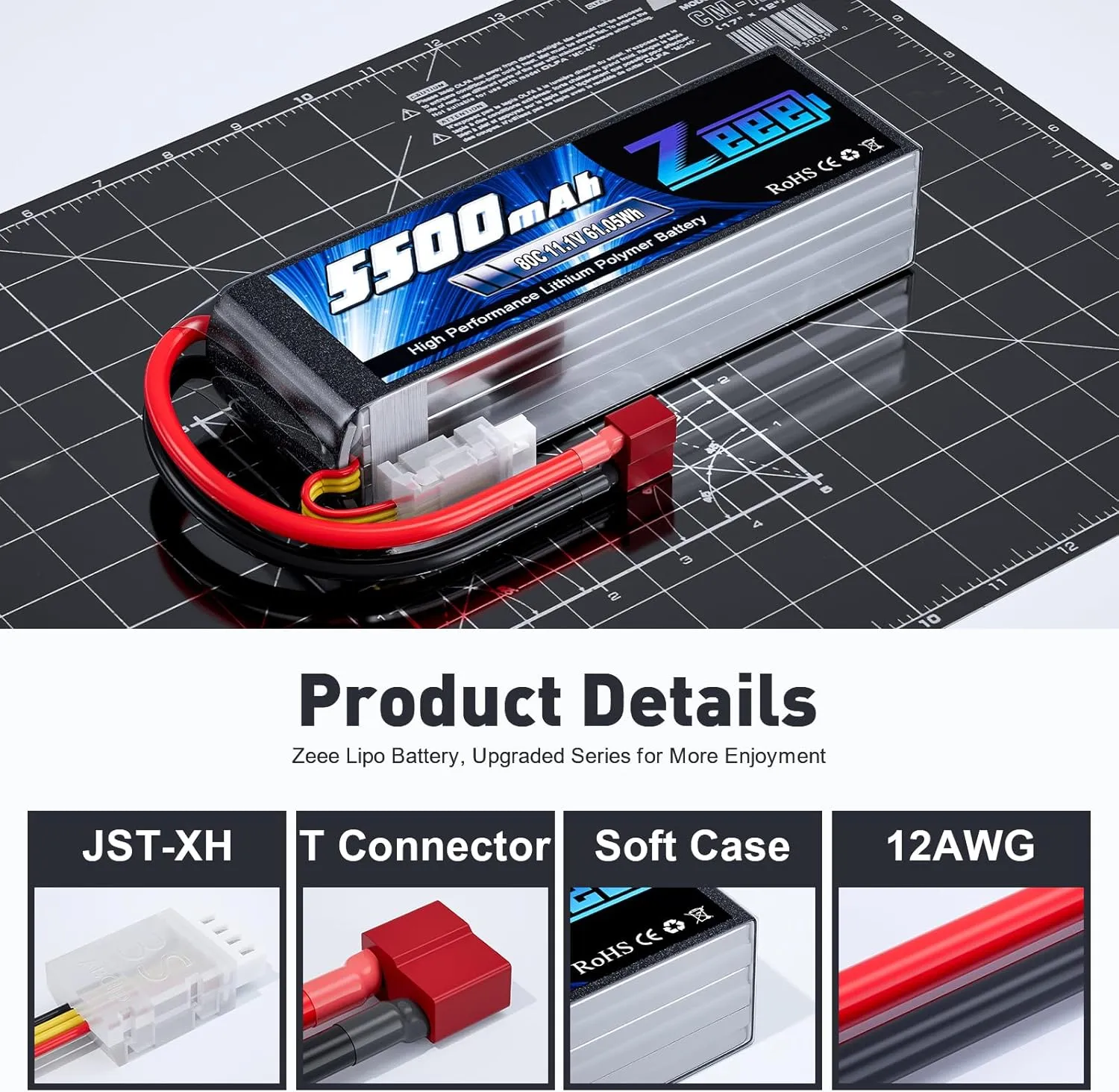 Zeee 3S Lipo Battery 5500mAh 11.1V 80C with T Connector Soft Pack Battery for Airplane Helicopter F450 Quadcopter Car Truck Boat RC Hobby (2 Pack)