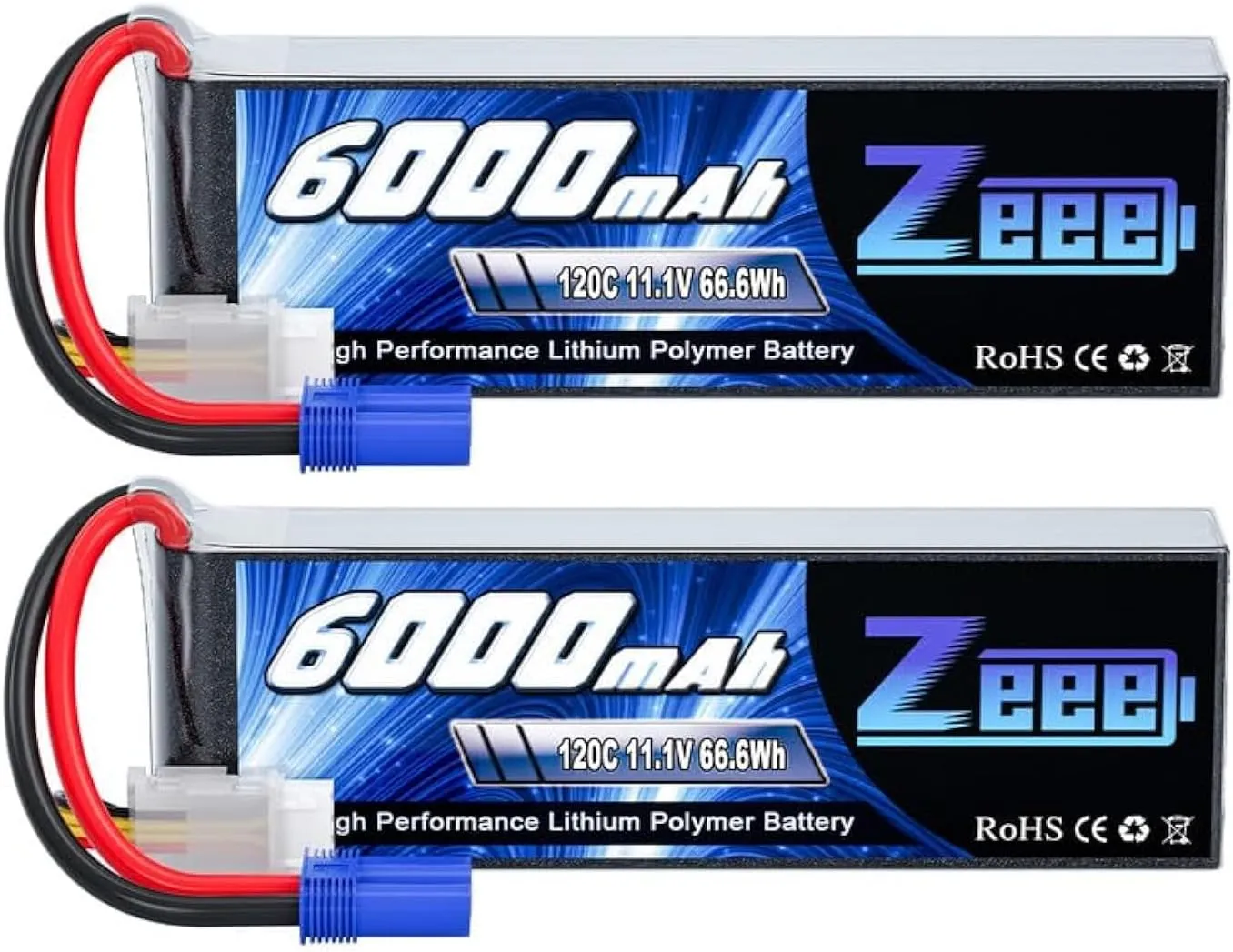 Zeee 3S Lipo Battery 6000mAh 11.1V 120C Soft Case RC Battery with EC5 Connector for Helicopter Airplane Quadcopter RC Airplane RC Car Truck Boat(2 Pack)