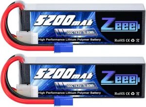 Zeee 4S Lipo Battery 14.8V 5200mAh 100C with EC5 Plug Soft Case for RC Plane Quadcopter Airplane Helicopter RC Car Truck RC Boat (2 Pack)