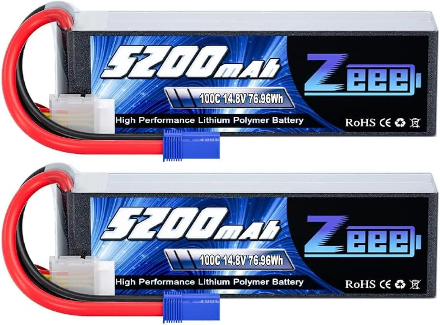 Zeee 4S Lipo Battery 14.8V 5200mAh 100C with EC5 Plug Soft Case for RC Plane Quadcopter Airplane Helicopter RC Car Truck RC Boat (2 Pack)