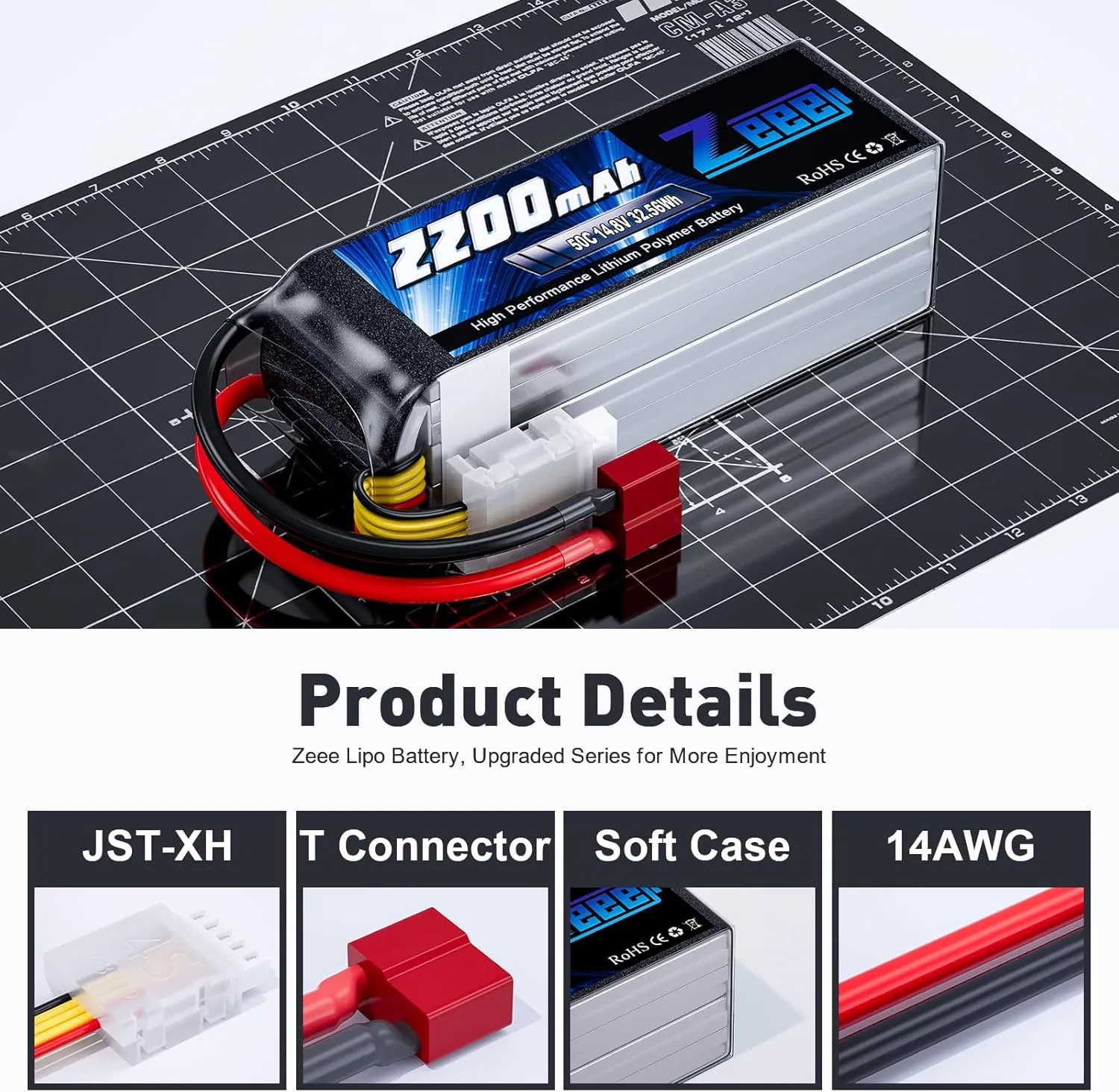 Zeee 4S Lipo Battery 2200mAh 14.8V 50C Soft Pack RC Battery with T Connector for RC Car Boat Truck Helicopter Airplane UAV Drone FPV RC Hobby (2 Pack)