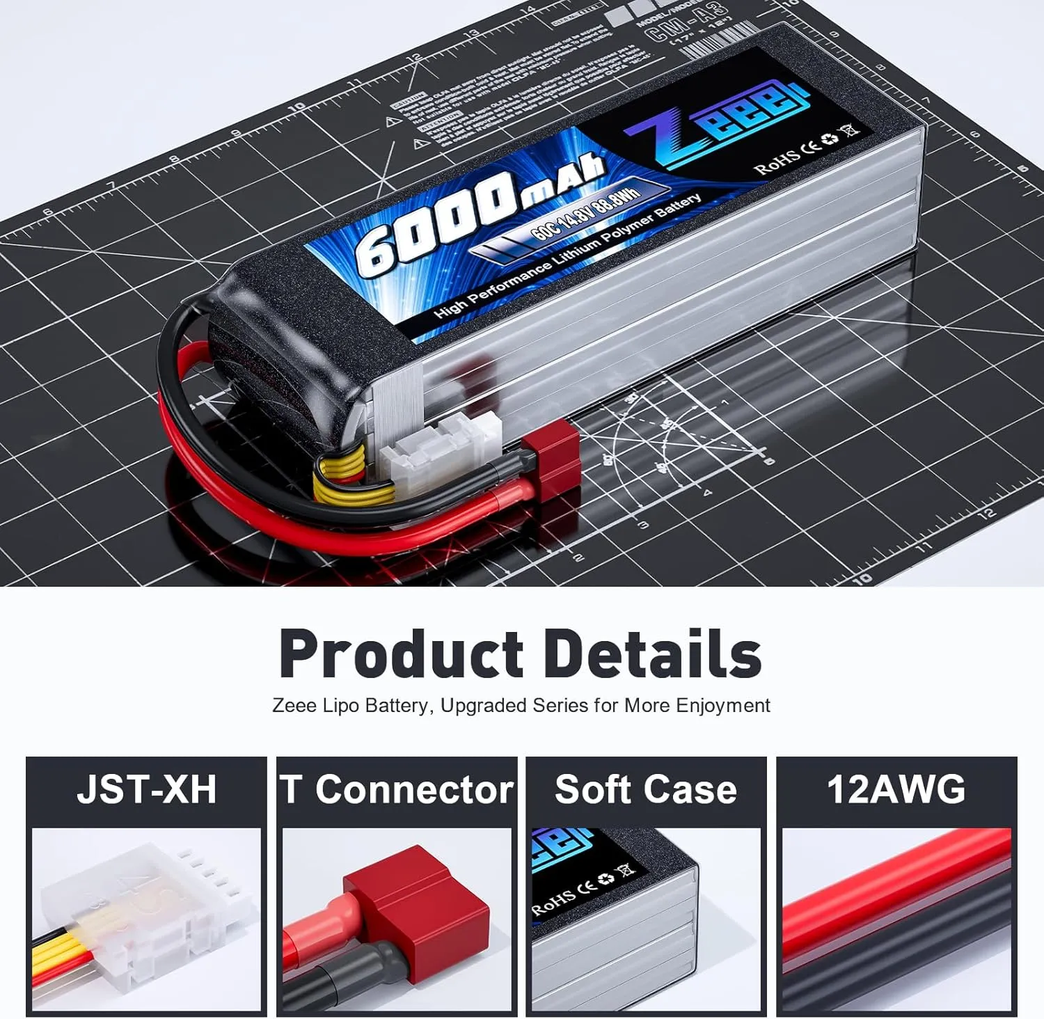 Zeee 4S Lipo Battery 6000mAh 60C 14.8V Soft Case Battery with T Connector Compatible with RC Plane Quadcopter Airplane Helicopter Car Truck Boat