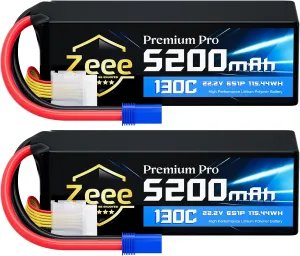 Zeee Premium Pro 6S Lipo Battery 5200mAh 22.2V 130C Ultra-Low IR (Internal Resistance) Soft Pack Lipo Battery with EC5 Connector for RC Drone/Car/Truck/Boat/Helicopter/Airplane Racing Models (2 Packs)