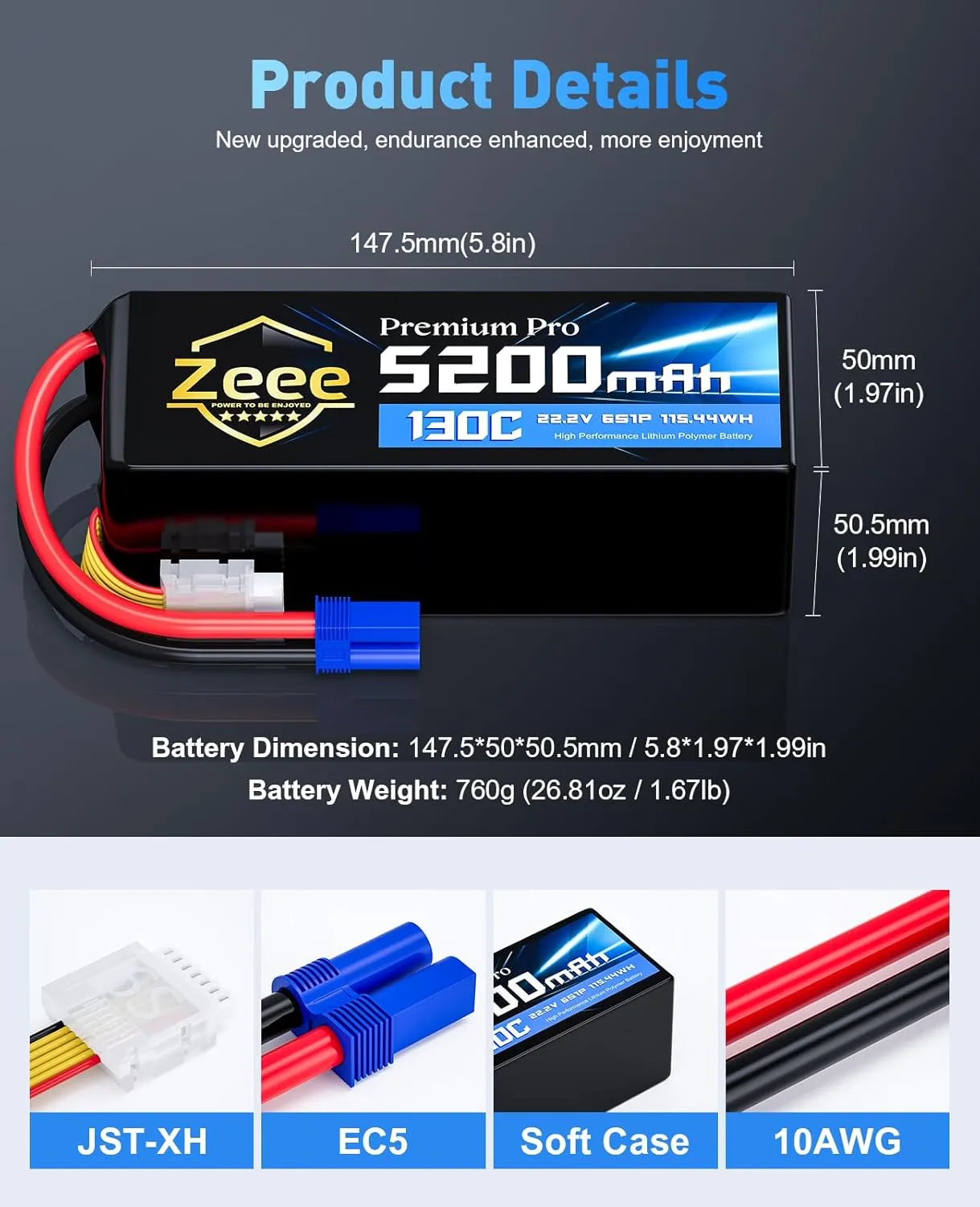 Zeee Premium Pro 6S Lipo Battery 5200mAh 22.2V 130C Ultra-Low IR (Internal Resistance) Soft Pack Lipo Battery with EC5 Connector for RC Drone/Car/Truck/Boat/Helicopter/Airplane Racing Models (2 Packs)
