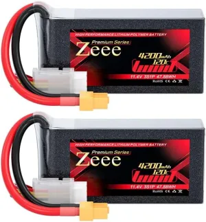 Zeee Premium Series 3S Lipo Battery 4200mAh 11.4V High Voltage Shorty Battery 120C with XT60 Plug Soft Case HV Lipo Compatible with Rock Crawler Helicopter Airplane Drone Boat Racing Models(2 Pack)