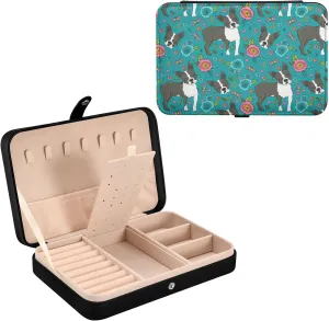 ZZKKO Travel Jewelry Case Boston Terrier Flowers Small Jewelry Boxes for Women Portable Jewelry Travel Organizer Storage Box for Earrings Ring Necklace Black