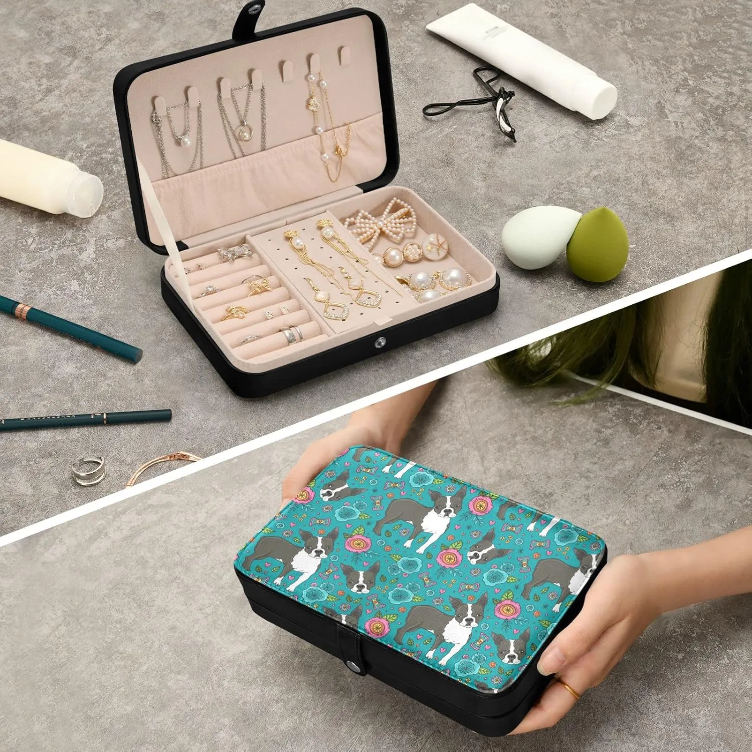 ZZKKO Travel Jewelry Case Boston Terrier Flowers Small Jewelry Boxes for Women Portable Jewelry Travel Organizer Storage Box for Earrings Ring Necklace Black