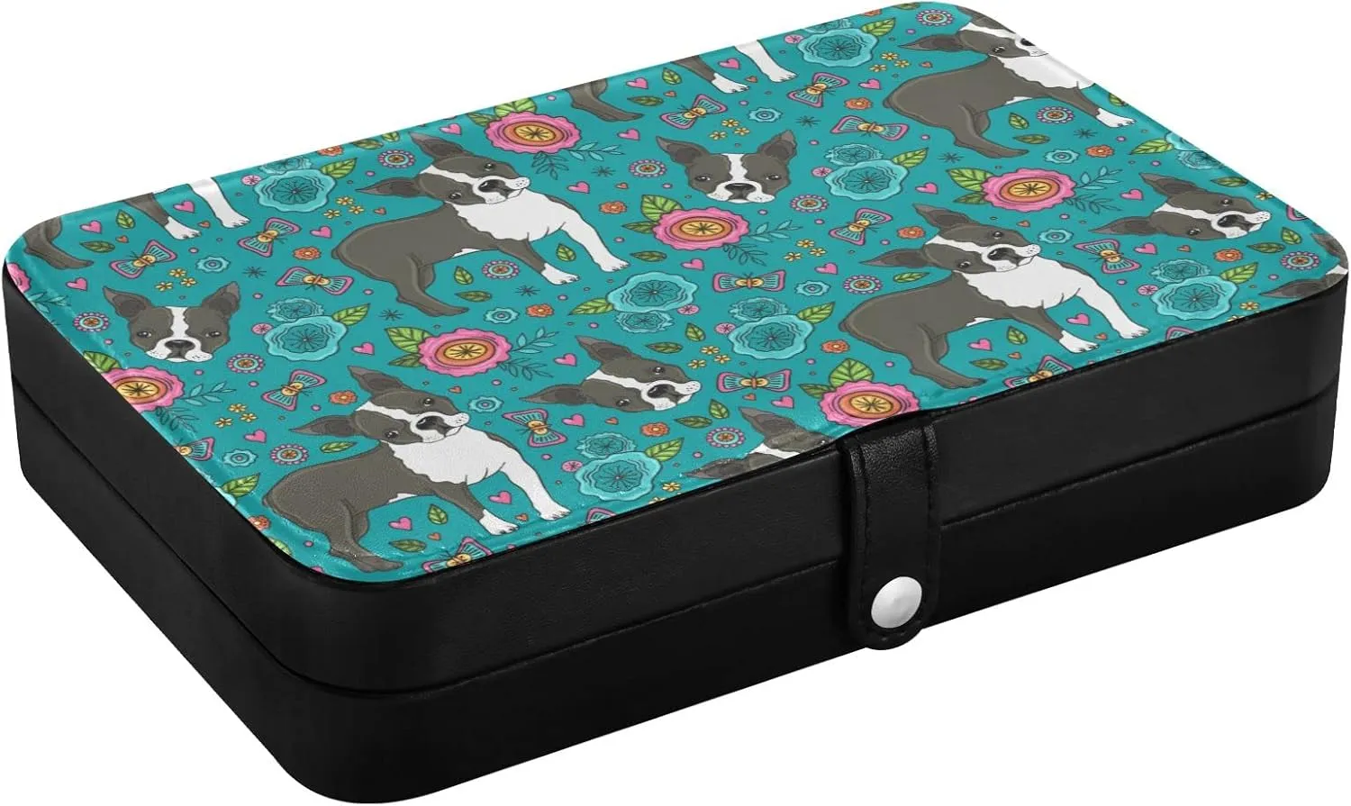 ZZKKO Travel Jewelry Case Boston Terrier Flowers Small Jewelry Boxes for Women Portable Jewelry Travel Organizer Storage Box for Earrings Ring Necklace Black