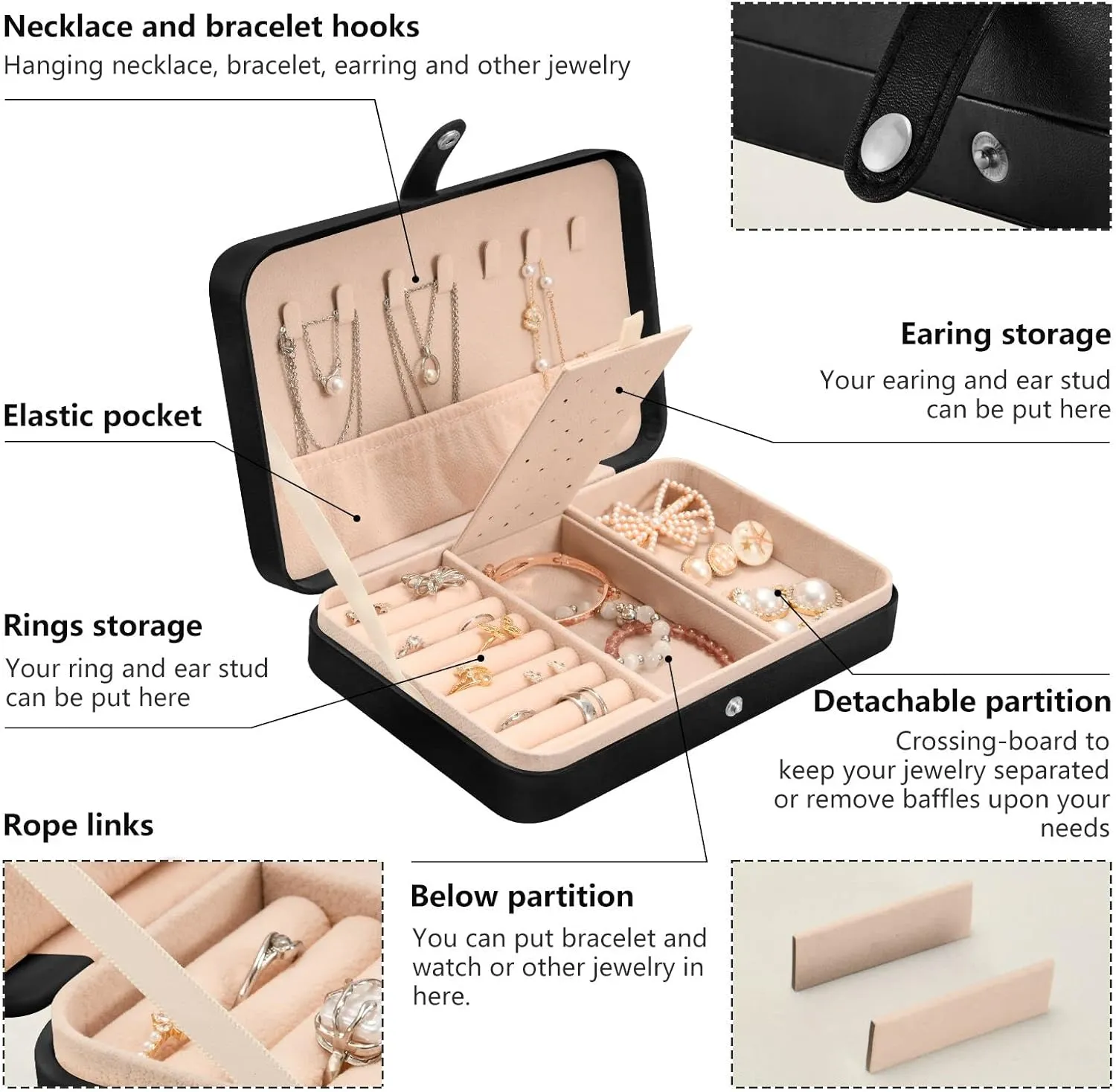 ZZKKO Travel Jewelry Case Boston Terrier Flowers Small Jewelry Boxes for Women Portable Jewelry Travel Organizer Storage Box for Earrings Ring Necklace Black