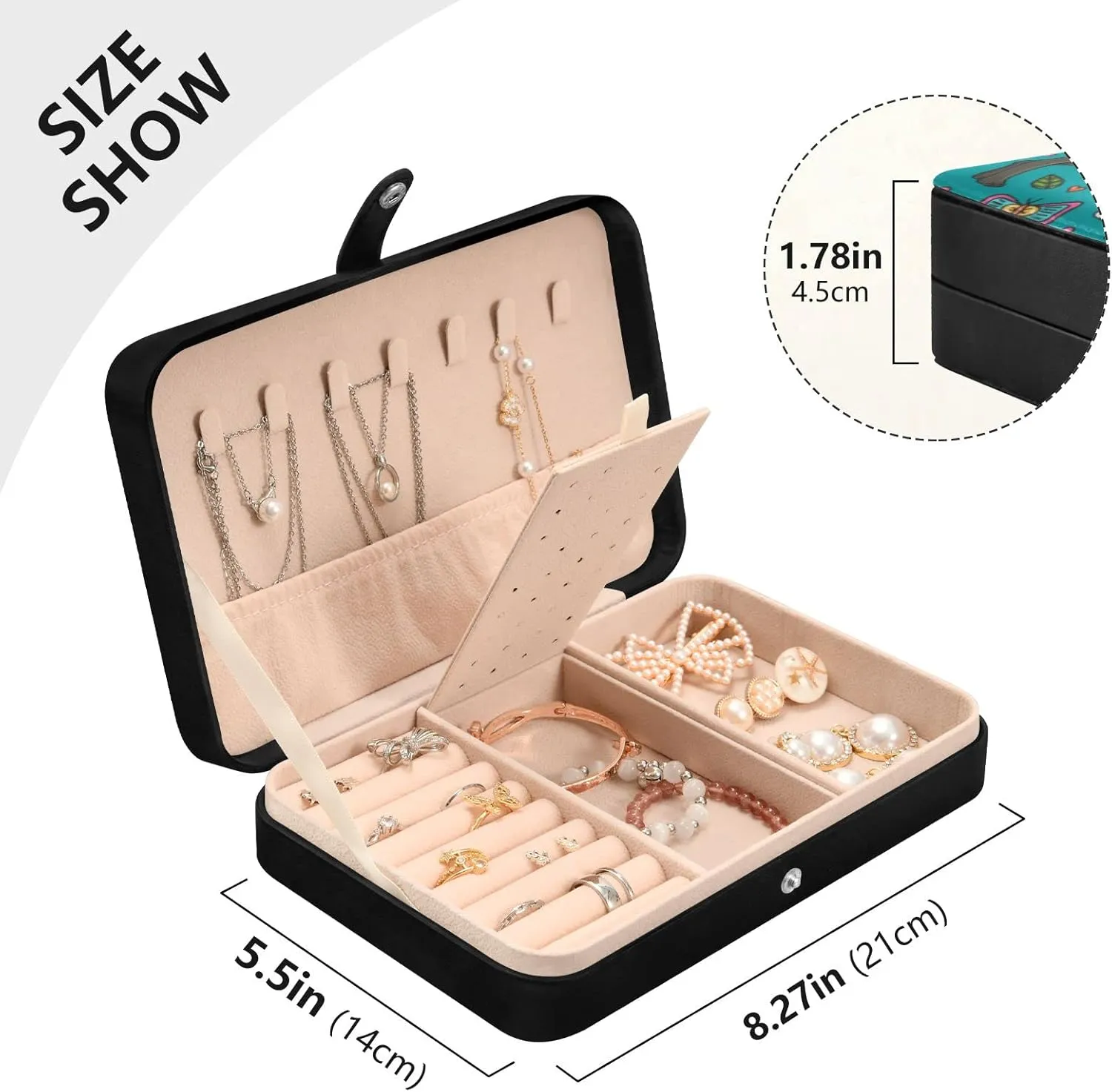 ZZKKO Travel Jewelry Case Boston Terrier Flowers Small Jewelry Boxes for Women Portable Jewelry Travel Organizer Storage Box for Earrings Ring Necklace Black